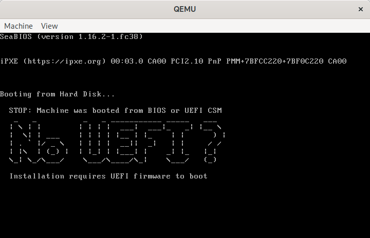 QEMU showing "No UEFI" message